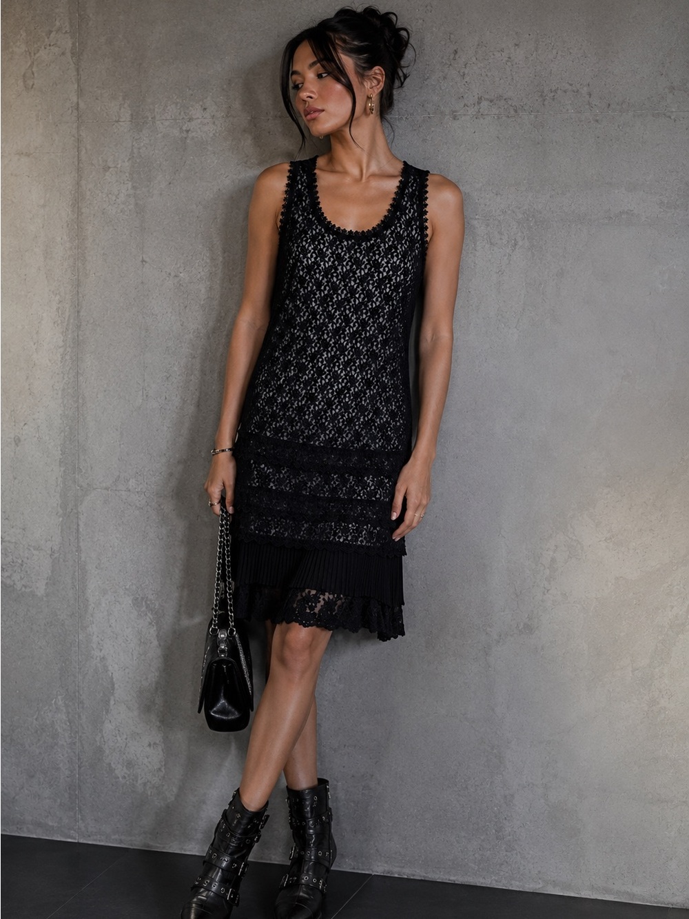 VILA Black Lace Tiered Sleeveless Flapper Shift Boho Chic Romantic Dress